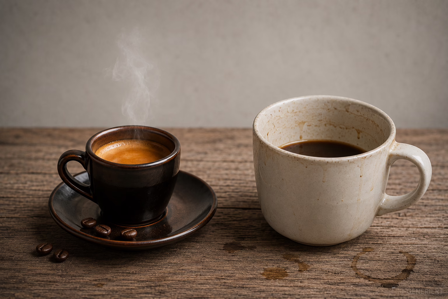 Zwei Kaffeetassen auf einem Holztisch im Kontrast: Links ein frisch zubereiteter, dampfender Espresso mit goldener Crema, rechts eine große, verschmutzte Tasse mit abgestandenem, kaltem Kaffee. Kaffee- und Wasserränder auf dem Tisch verstärken den Eindruck einer vergessenen Tasse nach einer Party.